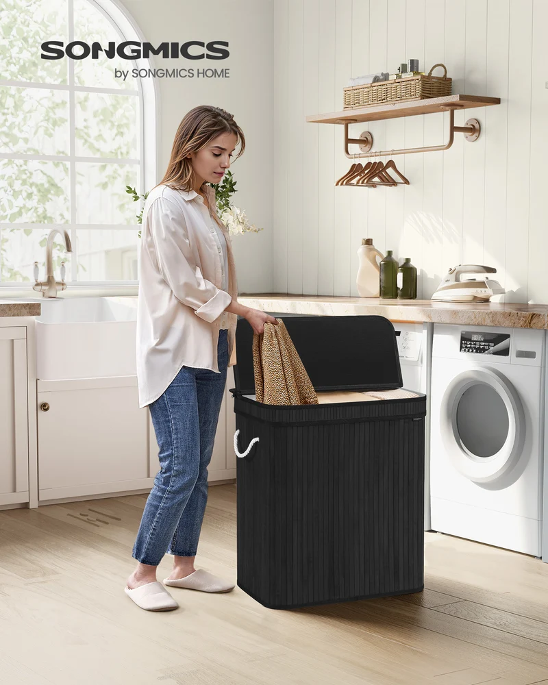 SONGMICS 100L Laundry Hamper with Lid Bamboo Laundry Basket with Liner Bag Foldable Storage Hamper Black
