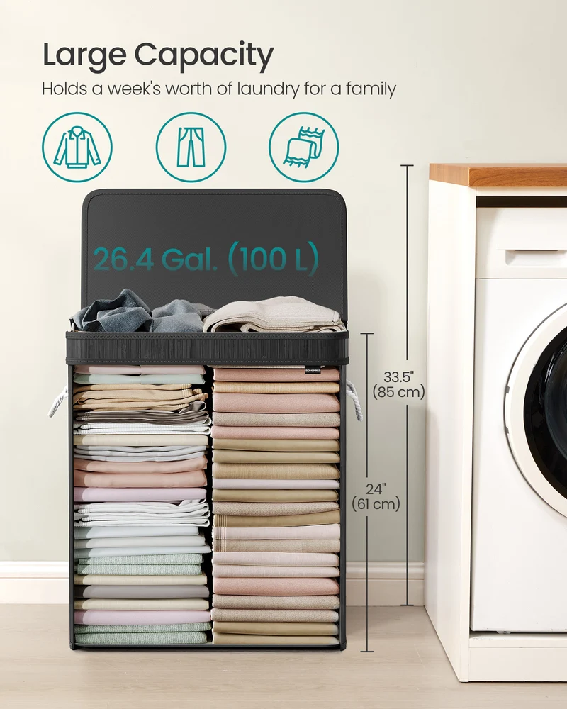SONGMICS 100L Laundry Hamper with Lid Bamboo Laundry Basket with Liner Bag Foldable Storage Hamper Black