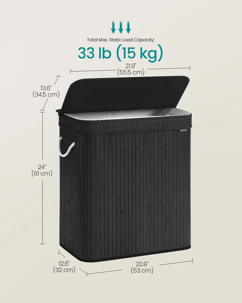 SONGMICS 100L Laundry Hamper with Lid Bamboo Laundry Basket with Liner Bag Foldable Storage Hamper Black