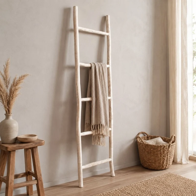 Deko-Leiter KEPALA H150cm White-Wash Teak Handtuchhalter