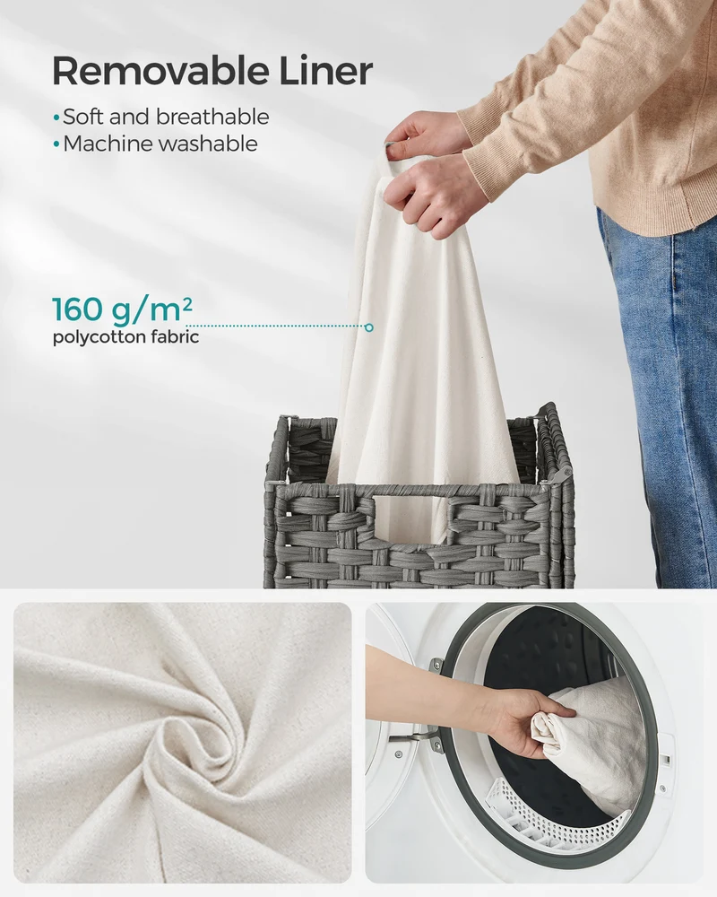 SONGMICS 23 Gallons Laundry Hamper with Lid Bamboo Laundry Basket Foldable with Handles Gray