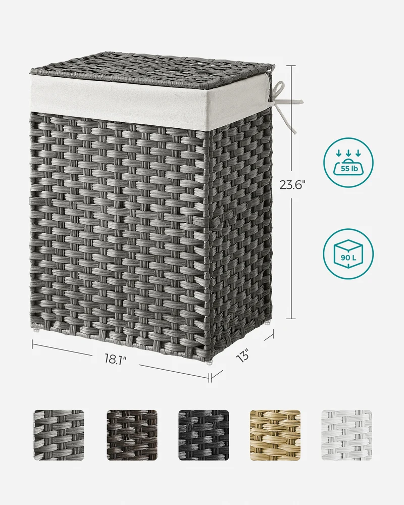 SONGMICS 23 Gallons Laundry Hamper with Lid Bamboo Laundry Basket Foldable with Handles Gray