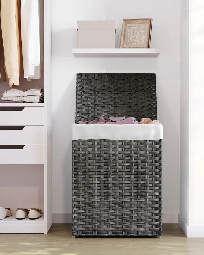 SONGMICS 23 Gallons Laundry Hamper with Lid Bamboo Laundry Basket Foldable with Handles Gray