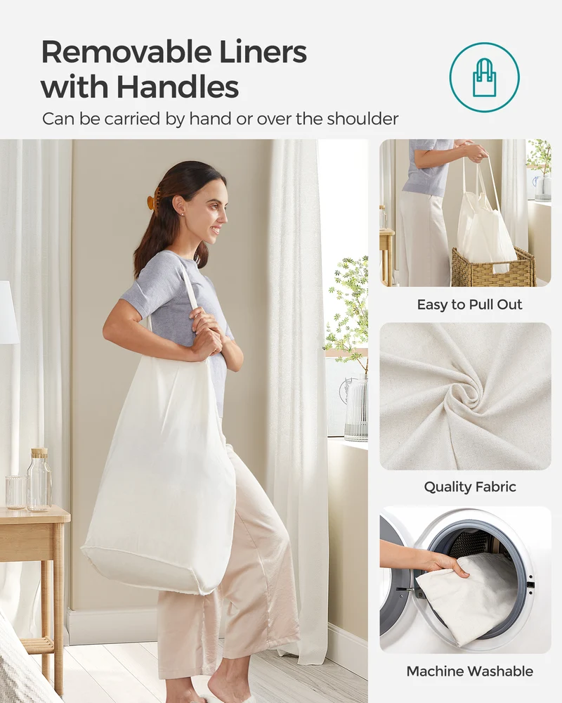 SONGMICS 110L Laundry Hamper with Lid Clothes Hamper with 2 Removable Liner Bags & 6 Mesh Bags Natural