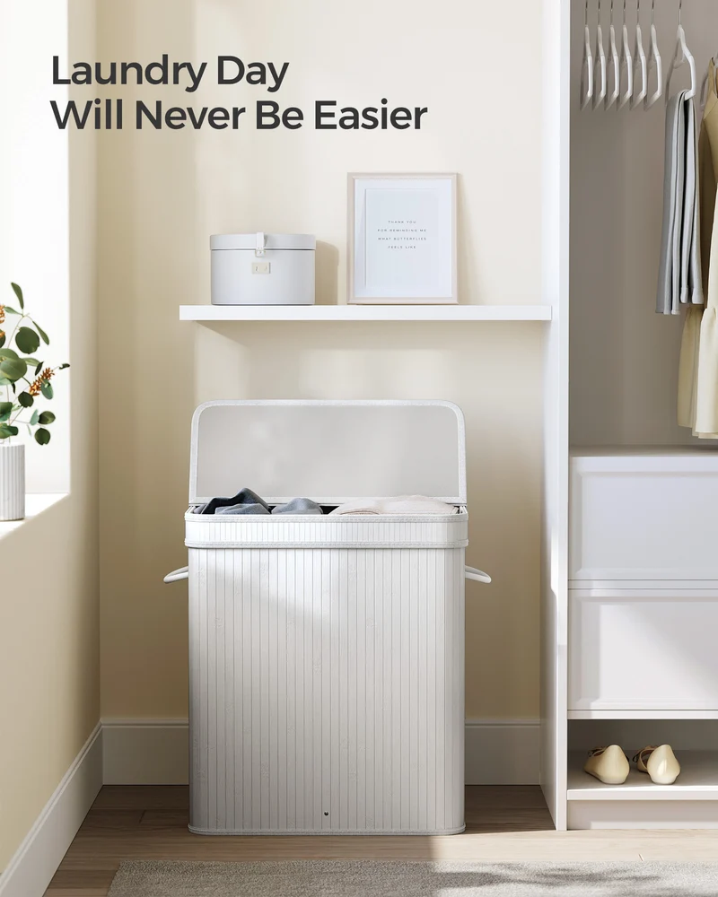 SONGMICS 26 Gallons Laundry Hamper with Lid Bamboo Laundry Basket with Handles White