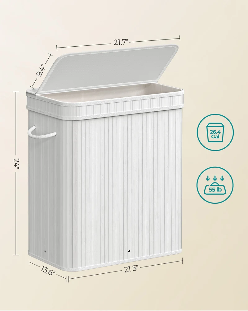 SONGMICS 26 Gallons Laundry Hamper with Lid Bamboo Laundry Basket with Handles White