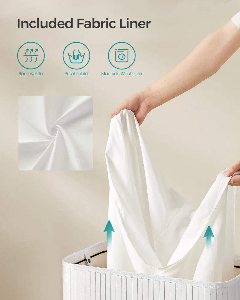 SONGMICS 26 Gallons Laundry Hamper with Lid Bamboo Laundry Basket with Handles White