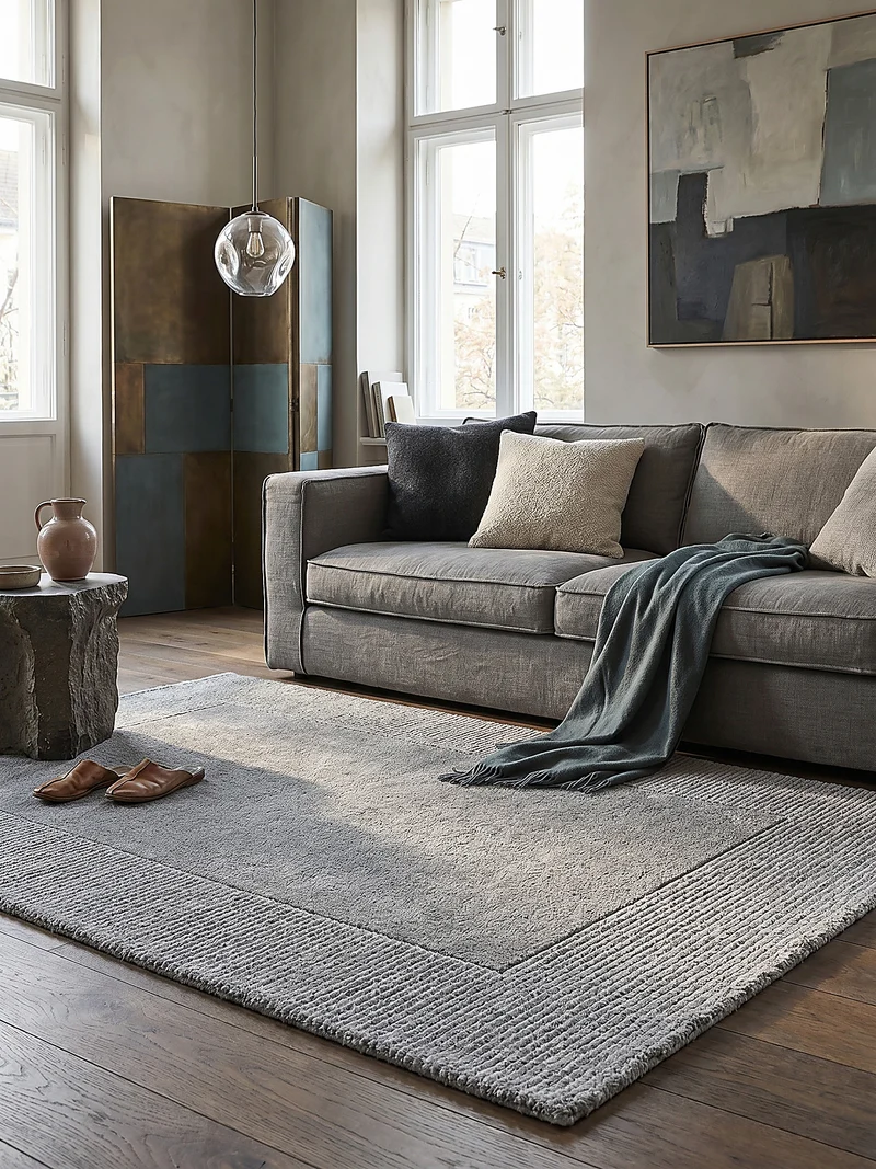 Wollteppich Uni-Bordüre · 100 % Wolle · handgewebt