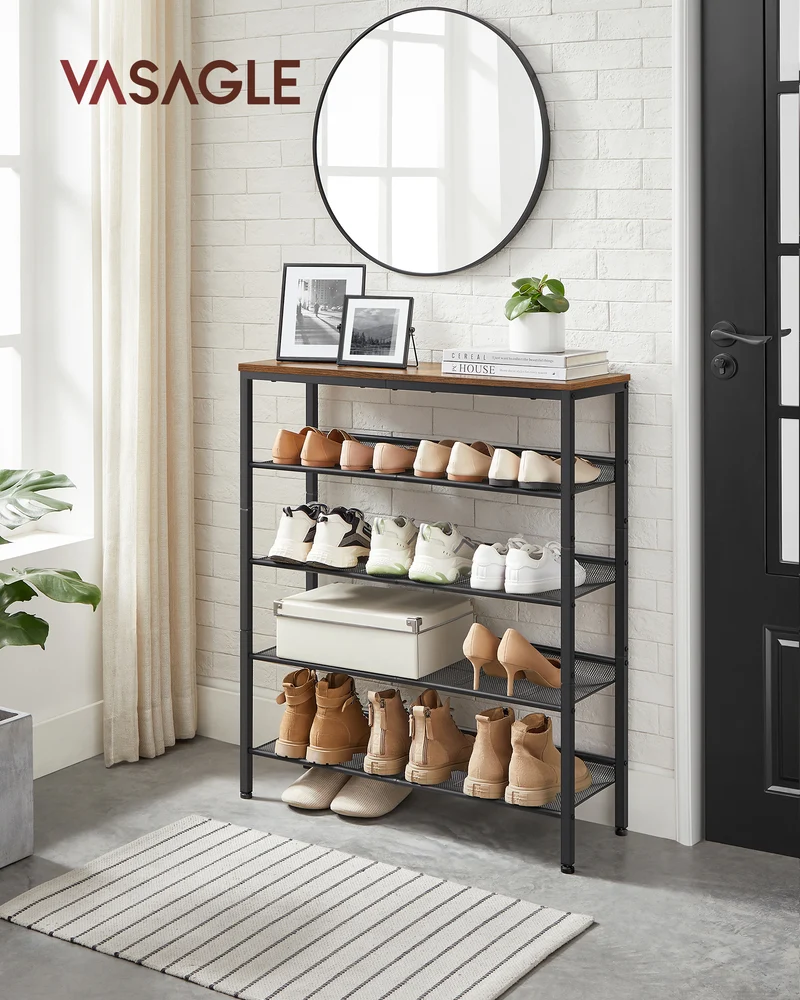 Shoe Rack, 5-Tier Shoe Storage Organizer with 4 Metal Mesh Shelves for 16-20 Pairs and Large Surface for Bags, for Entryway, decorative shoe rack
