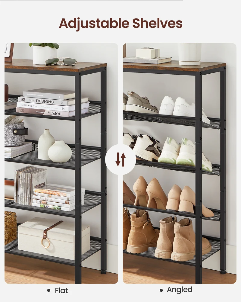 Shoe Rack, 5-Tier Shoe Storage Organizer with 4 Metal Mesh Shelves for 16-20 Pairs and Large Surface for Bags, for Entryway, decorative shoe rack