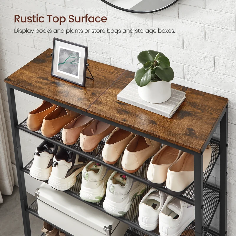 Shoe Rack, 5-Tier Shoe Storage Organizer with 4 Metal Mesh Shelves for 16-20 Pairs and Large Surface for Bags, for Entryway, decorative shoe rack