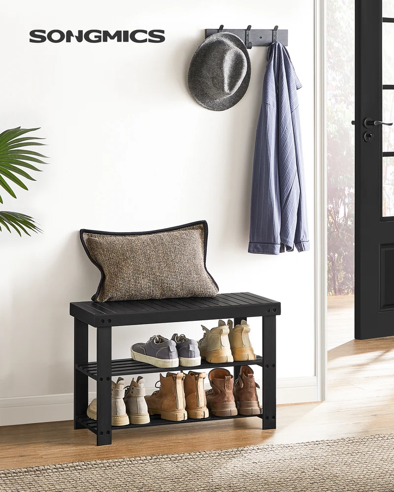Shoe Rack Bench, 3-Tier Bamboo Shoe Storage Organizer, Entryway Bench Black