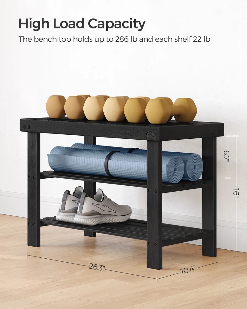Shoe Rack Bench, 3-Tier Bamboo Shoe Storage Organizer, Entryway Bench Black