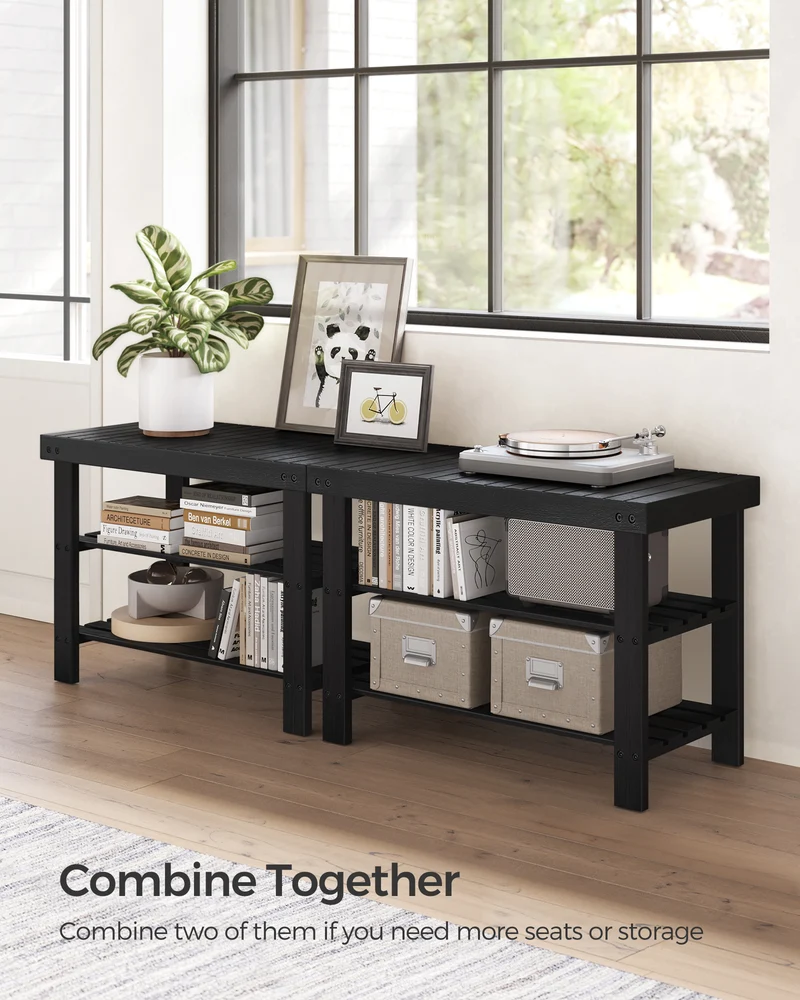 Shoe Rack Bench, 3-Tier Bamboo Shoe Storage Organizer, Entryway Bench Black