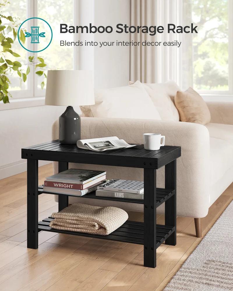 Shoe Rack Bench, 3-Tier Bamboo Shoe Storage Organizer, Entryway Bench Black