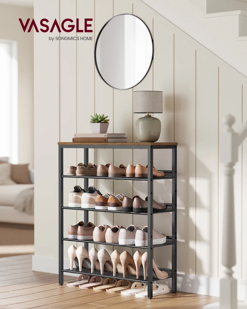 VASAGLE Shoe Rack, 5 Tier Shoe Storage Shelves, 16-20 Pairs Shoe Organizer, with Sturdy Wooden Top and Steel Frame，Honey Brown and Ink Black
