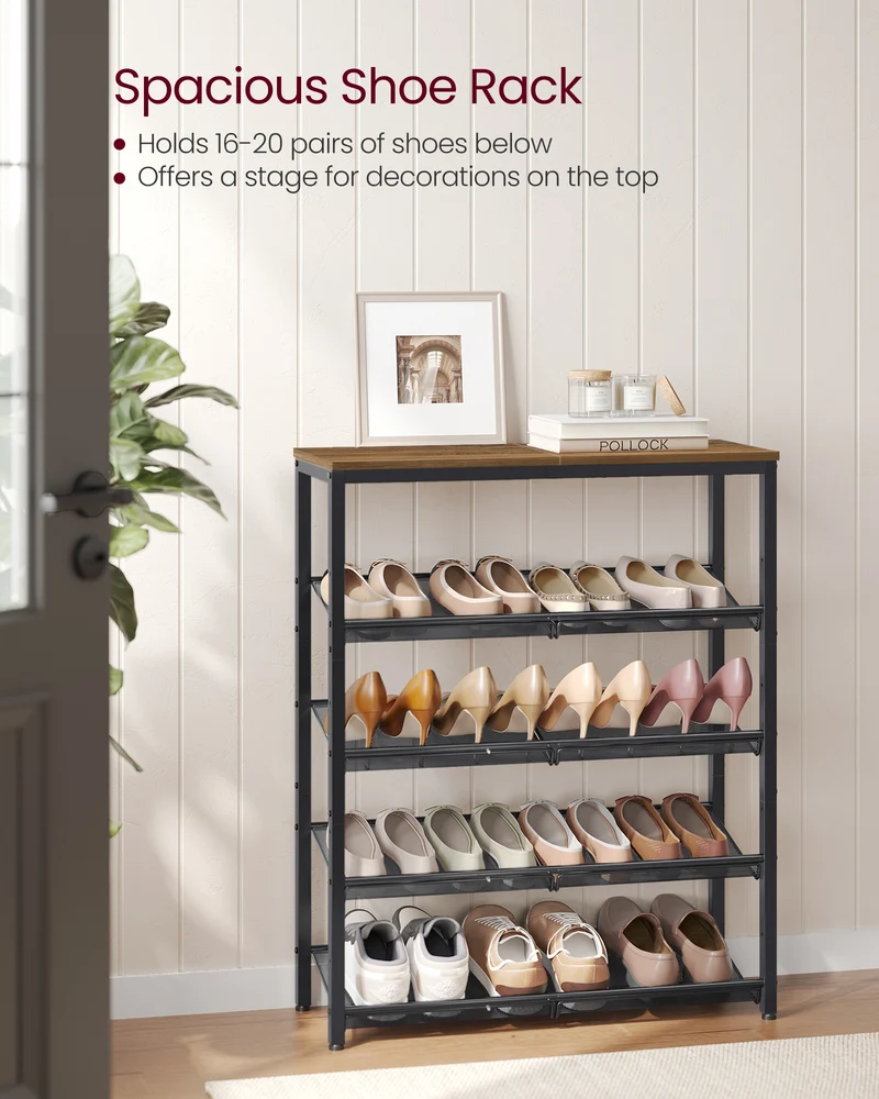 VASAGLE Shoe Rack, 5 Tier Shoe Storage Shelves, 16-20 Pairs Shoe Organizer, with Sturdy Wooden Top and Steel Frame，Honey Brown and Ink Black