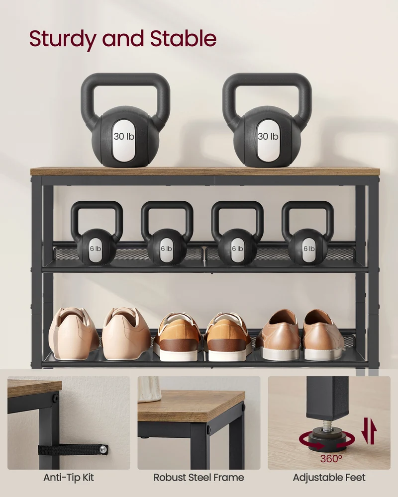 VASAGLE Shoe Rack, 5 Tier Shoe Storage Shelves, 16-20 Pairs Shoe Organizer, with Sturdy Wooden Top and Steel Frame，Honey Brown and Ink Black