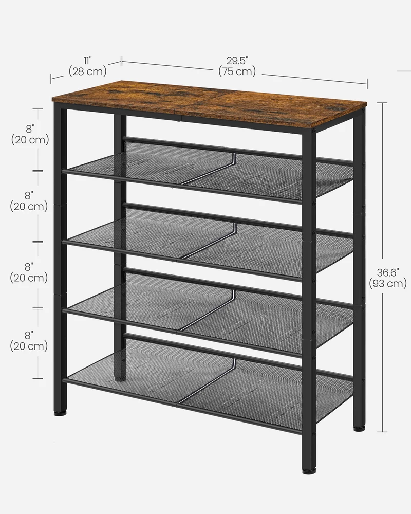 VASAGLE 5 Tier Shoe Rack for Entryway - Industrial Style Shoe Storage Organizer for 16-20 Pairs - Sturdy Wooden Top, Steel Frame - Rustic Brown/Black