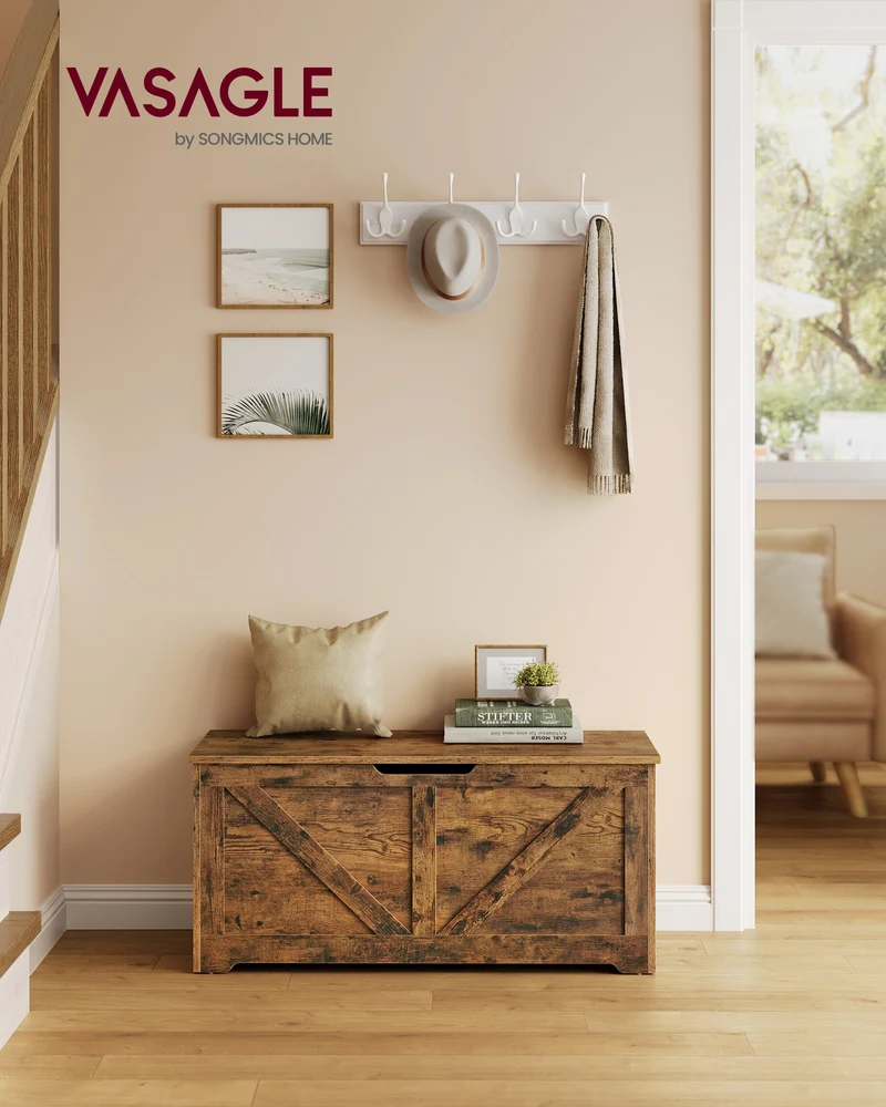 Storage Chest, Storage Trunk with 2 Safety Hinges, Storage Bench, Shoe Bench, Barn Style, 15.7 x 39.4 x 18.1 Inches Rustic Brown