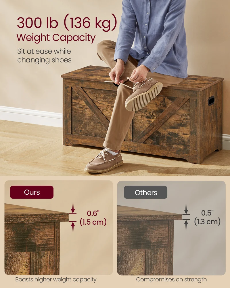 Storage Chest, Storage Trunk with 2 Safety Hinges, Storage Bench, Shoe Bench, Barn Style, 15.7 x 39.4 x 18.1 Inches Rustic Brown