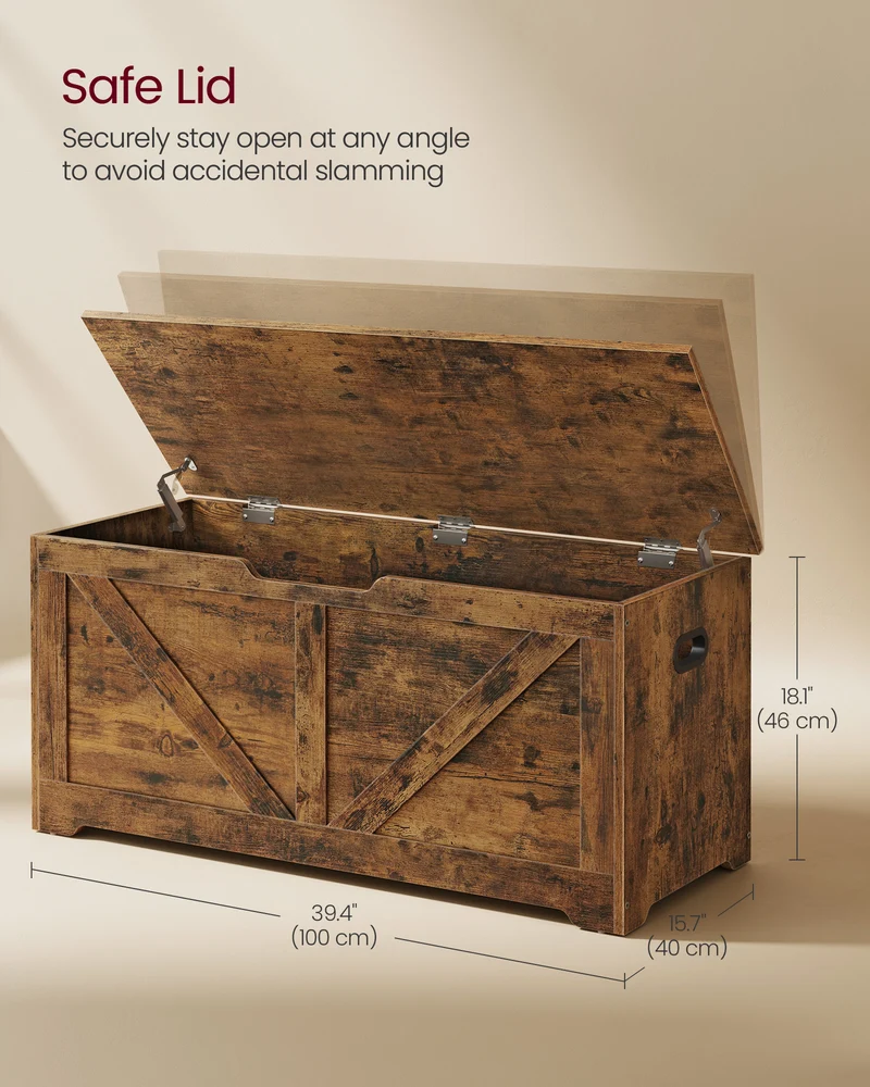 Storage Chest, Storage Trunk with 2 Safety Hinges, Storage Bench, Shoe Bench, Barn Style, 15.7 x 39.4 x 18.1 Inches Rustic Brown