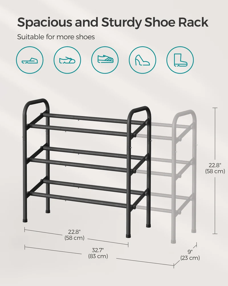 SONGMICS 3-Tier Metal Shoe Shelf Storage Expandable Shoe Rack Free Standing Shoe Racks for Entryway, Closet, Doorway, Easy Assembly Ink Black