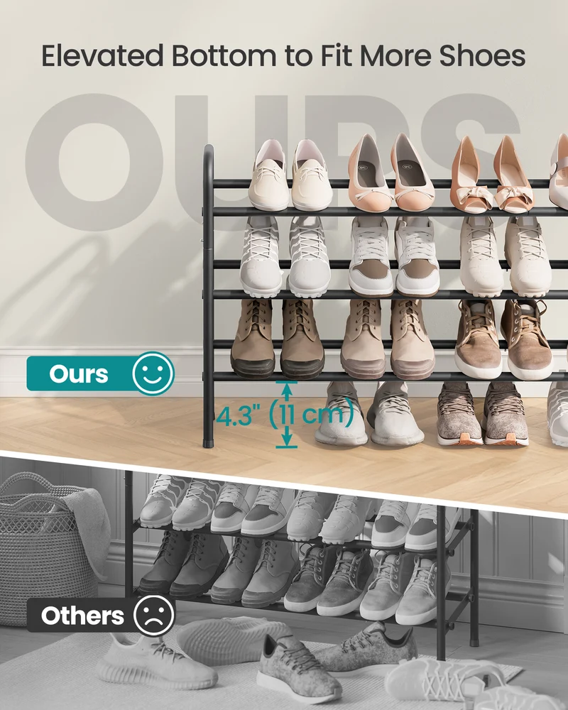 SONGMICS 3-Tier Metal Shoe Shelf Storage Expandable Shoe Rack Free Standing Shoe Racks for Entryway, Closet, Doorway, Easy Assembly Ink Black