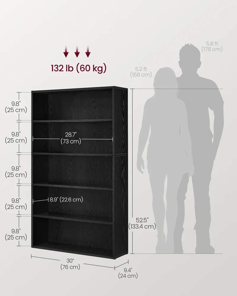 5-Tier Bookshelf, 30 Inches Wide, Open Bookcase with Adjustable Storage Shelves, Floor Standing Unit