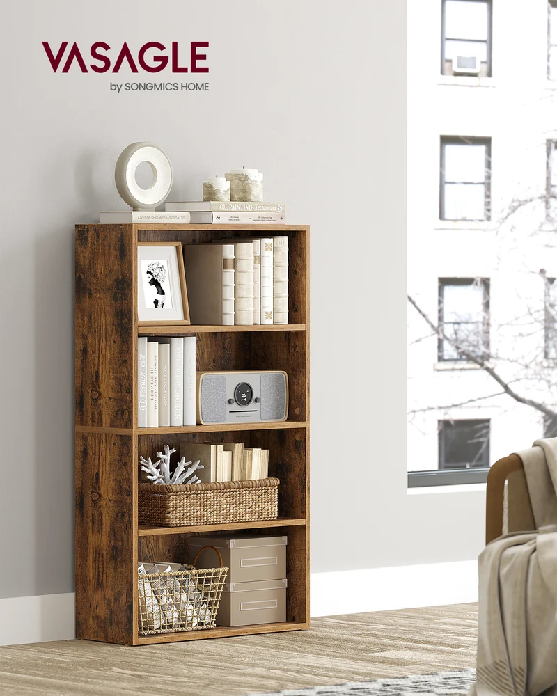 4-Tier Bookshelf, 23.6 Inches Wide, Open Bookcase with Adjustable Storage Shelves, Floor Standing Unit, Rustic Brown