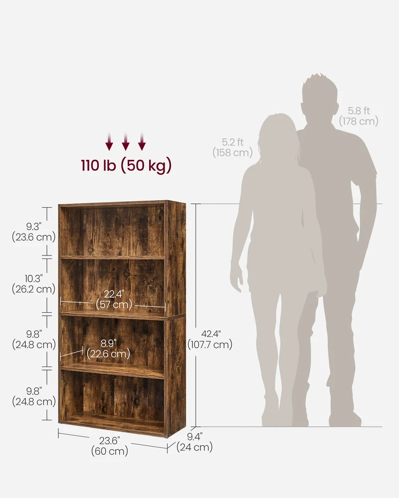 4-Tier Bookshelf, 23.6 Inches Wide, Open Bookcase with Adjustable Storage Shelves, Floor Standing Unit, Rustic Brown