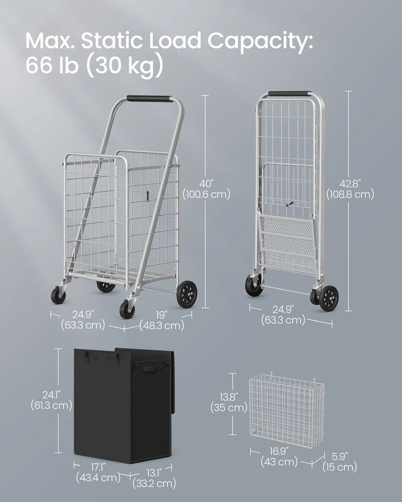 Shopping carts, Small Foldable Shopping Cart, Shopping Cartswith Detachable Liner, Utility Cart, 360° SwivelBag, Removable Basket
