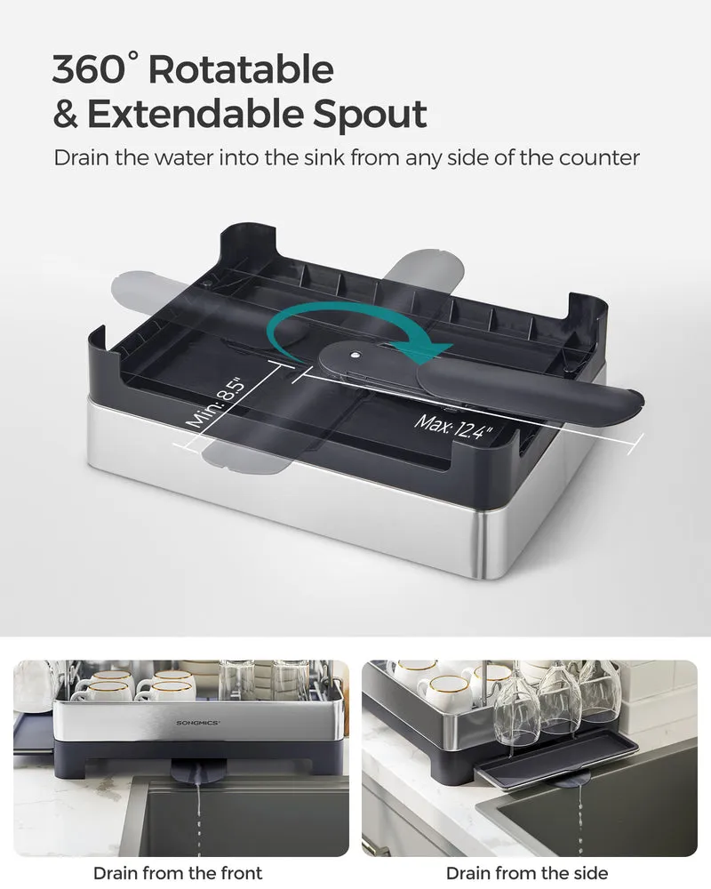 Dish Drying Rack - 2 Tier Dish Rack for Kitchen Counter with Rotatable and Extendable Drain Spout, Silver and Gray