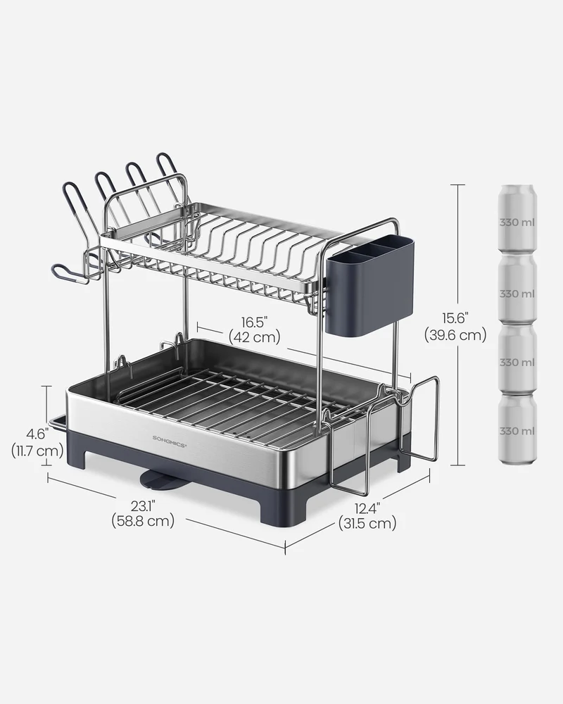 Dish Drying Rack - 2 Tier Dish Rack for Kitchen Counter with Rotatable and Extendable Drain Spout, Silver and Gray