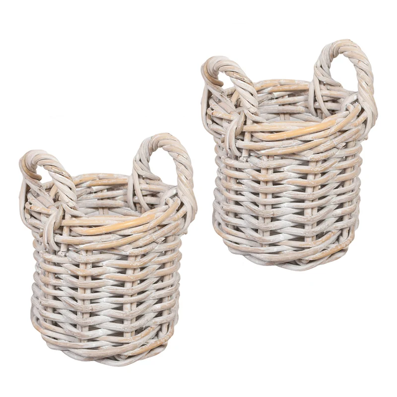2er Set Natur-Rattankorb BAKUL rund White-Wash ca. 20cm