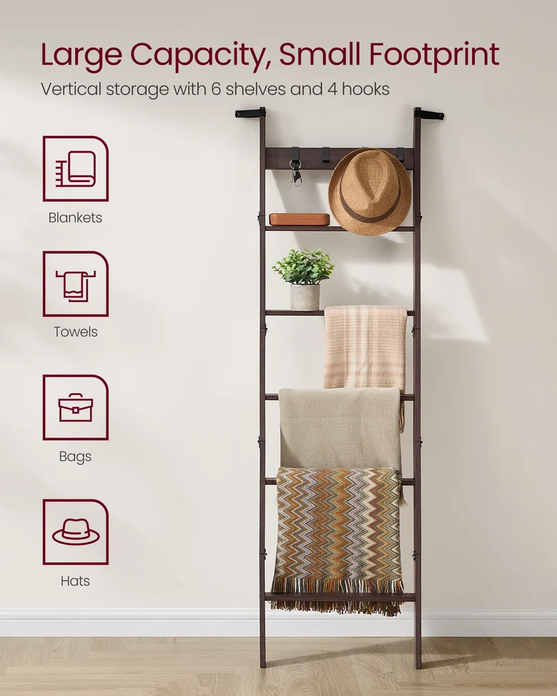 6-Tier Blanket Ladder with 4 Hooks, Rustic Farmhouse Storage Rack for Towels, Throws & Decor, Maroon Brown