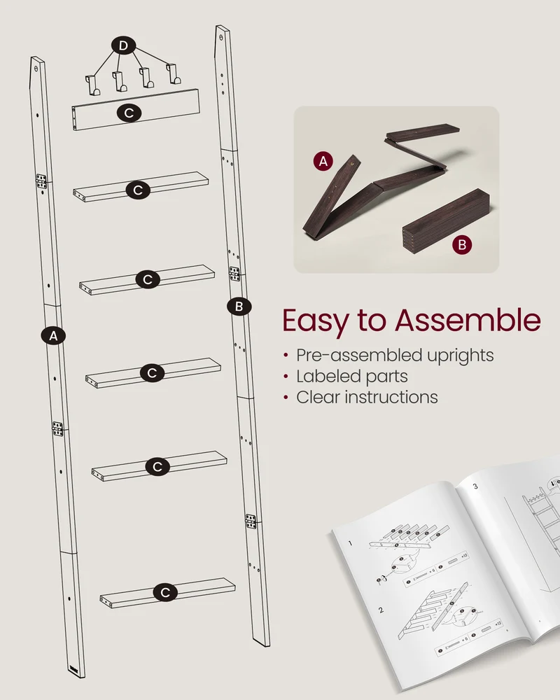 6-Tier Blanket Ladder with 4 Hooks, Rustic Farmhouse Storage Rack for Towels, Throws & Decor, Maroon Brown