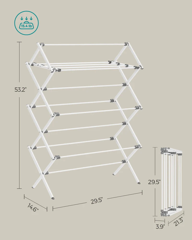 14.6 x 29.5 x 53.2 Inch Foldable Clothes Drying Rack, Steel Frame Laundry Airer, Easy Assembly Laundry Drying Rack for Indoor Outdoor Use