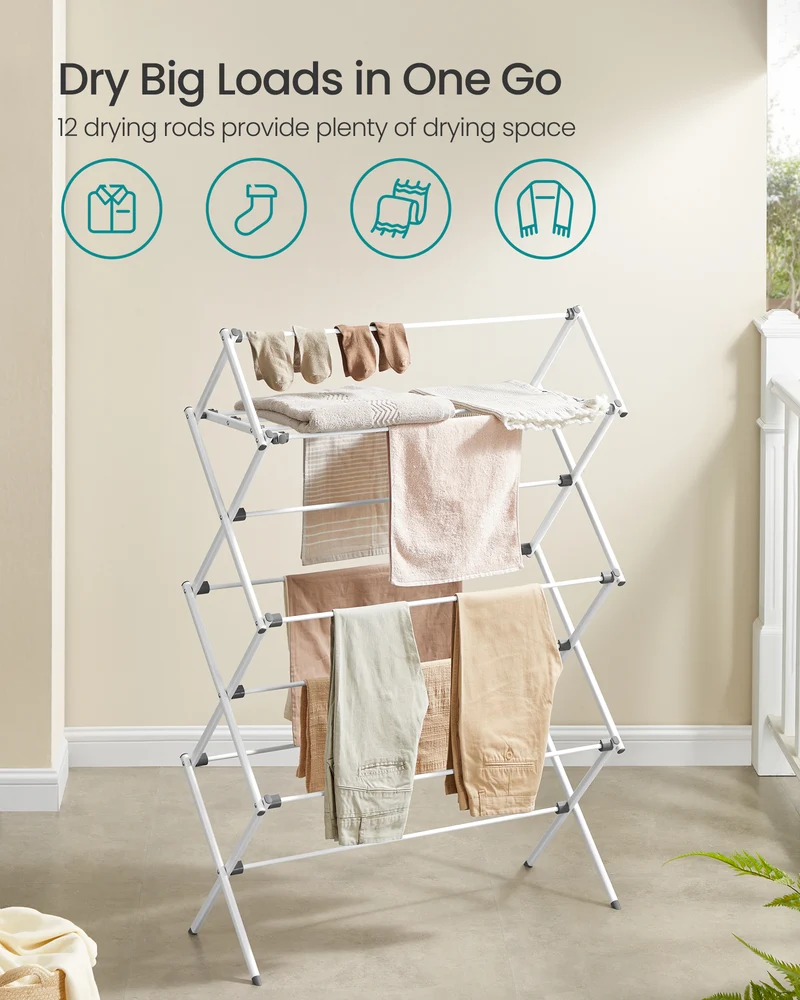 Foldable Clothes Drying Rack with 12 Rods, 14.6x36.6 Inch Steel Frame Laundry Airer for Indoor Outdoor Use, Pearl White