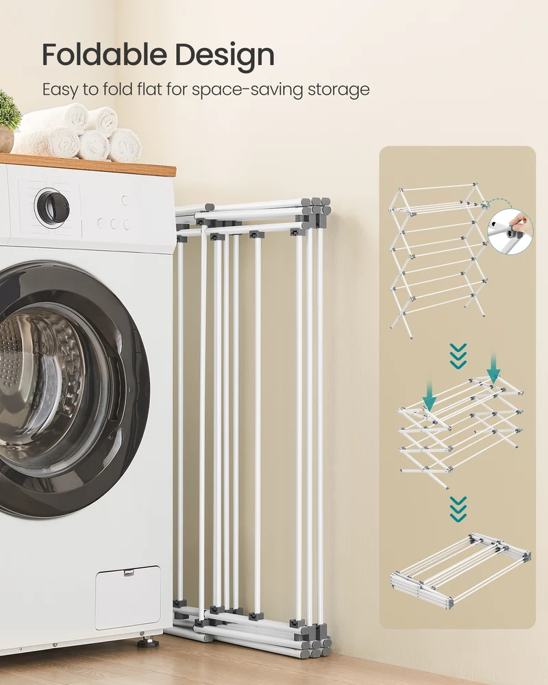 Foldable Clothes Drying Rack with 12 Rods, 14.6x36.6 Inch Steel Frame Laundry Airer for Indoor Outdoor Use, Pearl White
