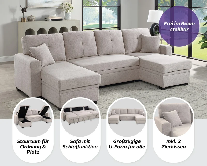 Wohnlandschaft Sofa Couch + Bettfunktion + Stauraum