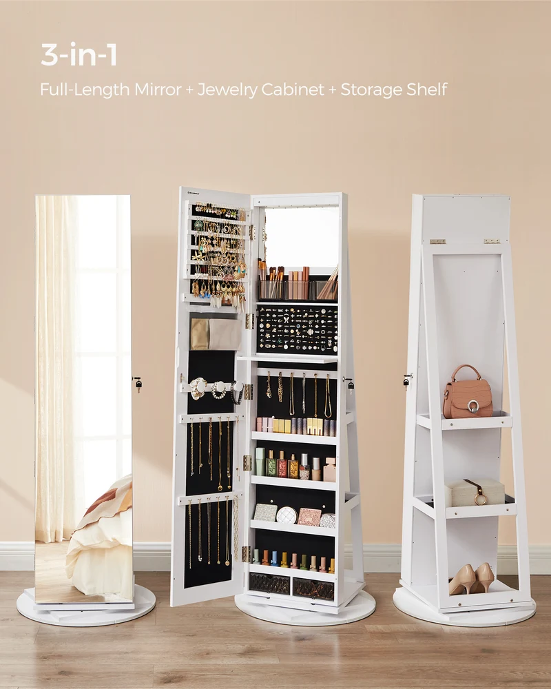 LEDREM Jewelry Cabinet, 360 Swivel Mirror Jewelry Cabinet Standing 6 LEDs, Jewelry Armoire Box Organizer with Full Length Mirror White