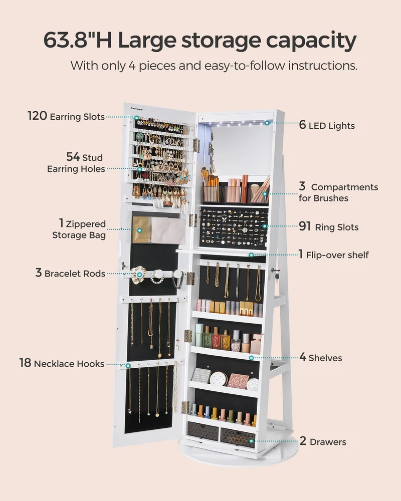 LEDREM Jewelry Cabinet, 360 Swivel Mirror Jewelry Cabinet Standing 6 LEDs, Jewelry Armoire Box Organizer with Full Length Mirror White