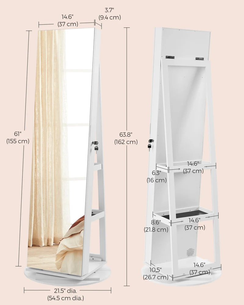LEDREM Jewelry Cabinet, 360 Swivel Mirror Jewelry Cabinet Standing 6 LEDs, Jewelry Armoire Box Organizer with Full Length Mirror White
