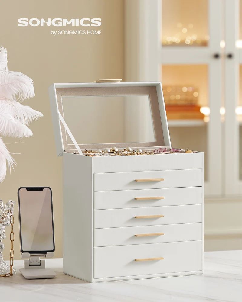 LEDREM Jewelry Box Jewelry Storage with Glass Lid, 6-Layer Jewelry Organizer, 5 Drawers, Cloud White and Gold ColorLEDREM Jewelry Box Jewelry Storage with Glass Lid, 6-Layer Jewelry Organizer, 5 Drawers, Cloud White and Gold Color