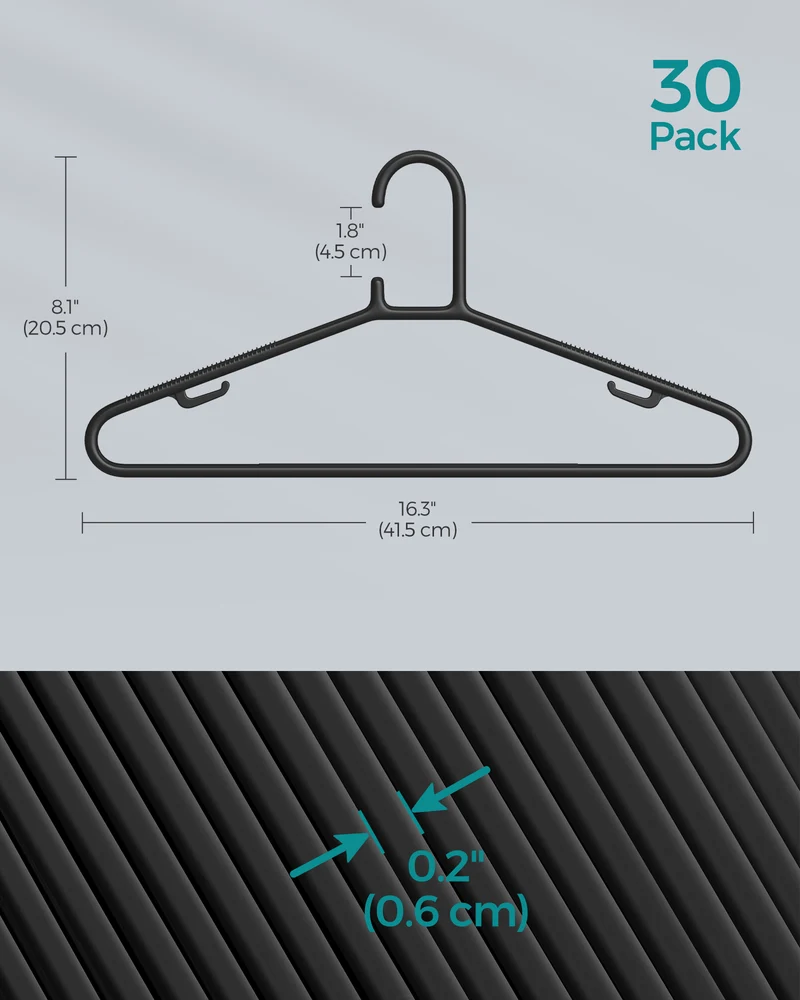 SONGMICS Plastic Hangers 30 Pack, Space-Saving Clothes Hangers, Lightweight Hangers, for Pants, Coats, Dresses, Black