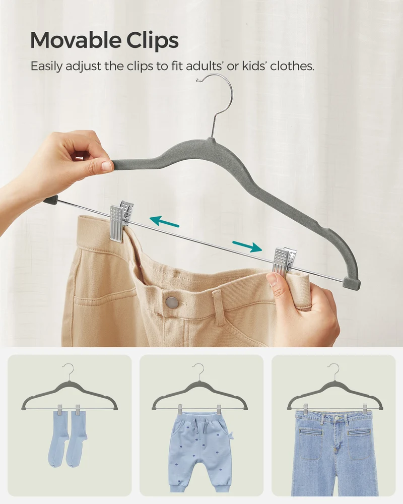 SONGMICS 30 Pack Skirt Pants Hangers Velvet Clips Hangers with Adjustable Clips Non-Slip Greyv