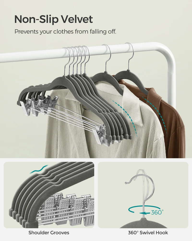 SONGMICS 30 Pack Skirt Pants Hangers Velvet Clips Hangers with Adjustable Clips Non-Slip Greyv