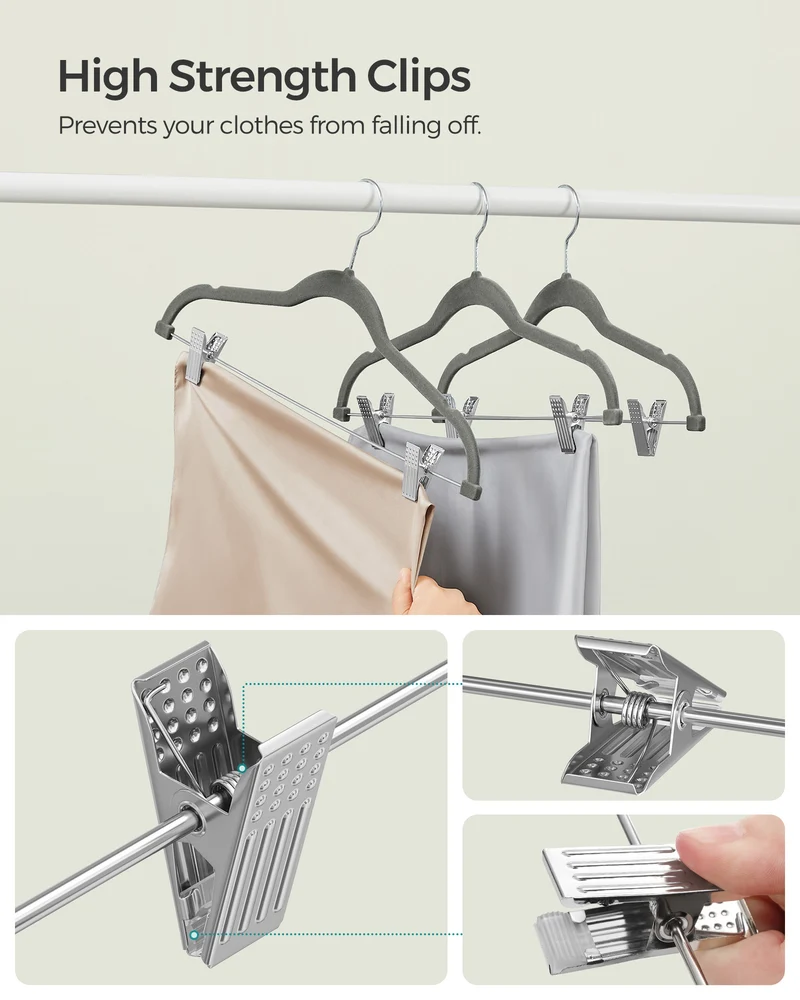 SONGMICS 30 Pack Skirt Pants Hangers Velvet Clips Hangers with Adjustable Clips Non-Slip Greyv