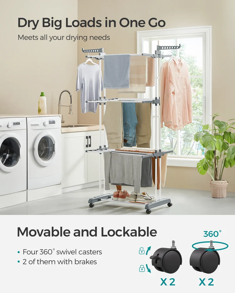 4-Tier Clothes Drying Rack, Steel Rolling Laundry Dryer Stand White